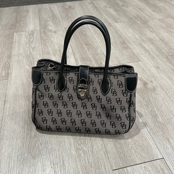 Dooney Bourke Handbags - VTG Dooney Bourke Signature Monogram Tote Bag Black Gray Leather Trim 90s Y2K